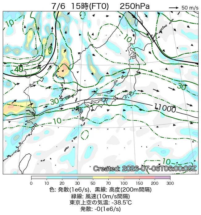 2026年7月6日の日本周辺の250hPa天気図（15時）