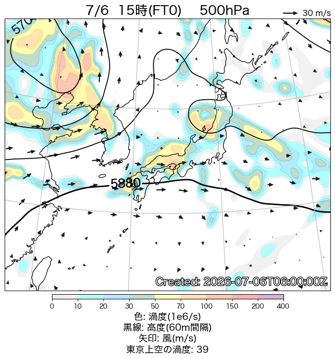 2026年7月6日の日本周辺の500hPa天気図（15時）