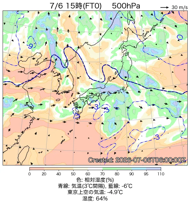 2026年7月6日の日本周辺の500hPa天気図（15時）