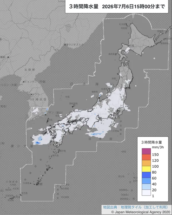 2026年7月6日12〜15時の日本周辺の3時間解析降水量