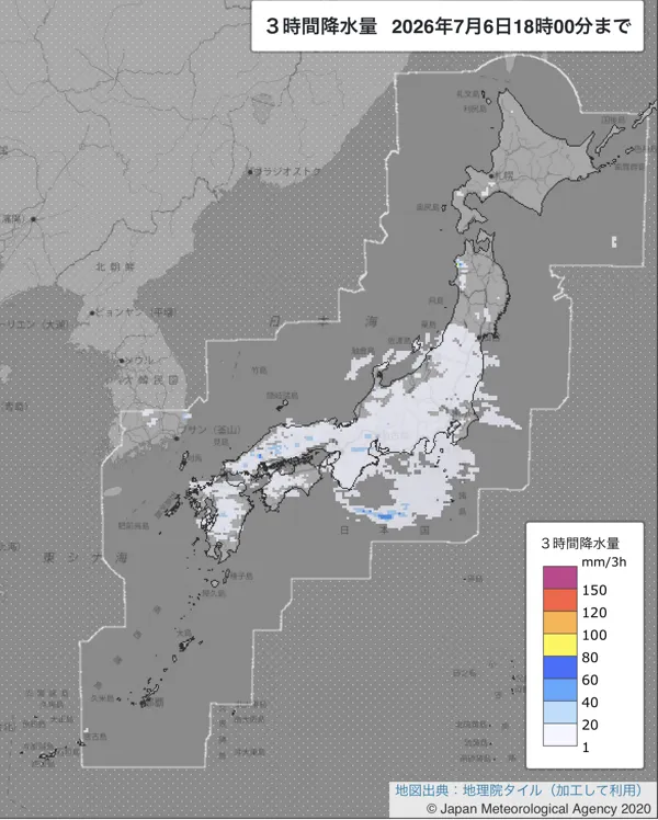 2026年7月6日15〜18時の日本周辺の3時間解析降水量