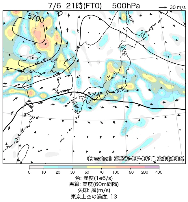 2026年7月6日の日本周辺の500hPa天気図（21時）