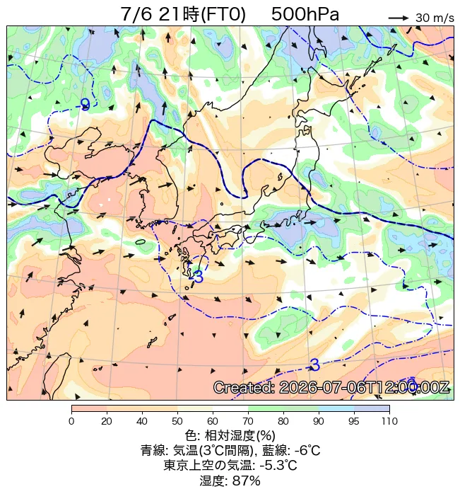 2026年7月6日の日本周辺の500hPa天気図（21時）
