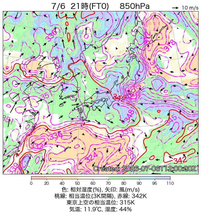 2026年7月6日の日本周辺の850hPa天気図（21時）