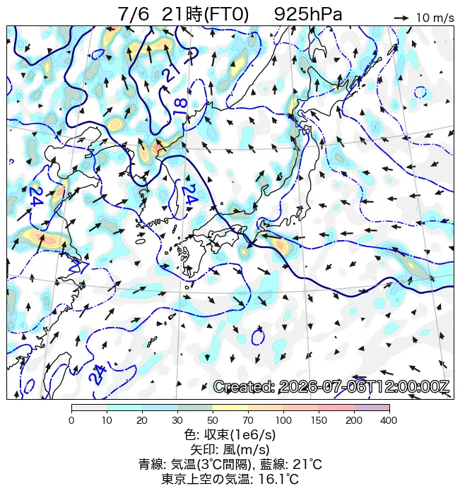 2026年7月6日の日本周辺の925hPa天気図（21時）