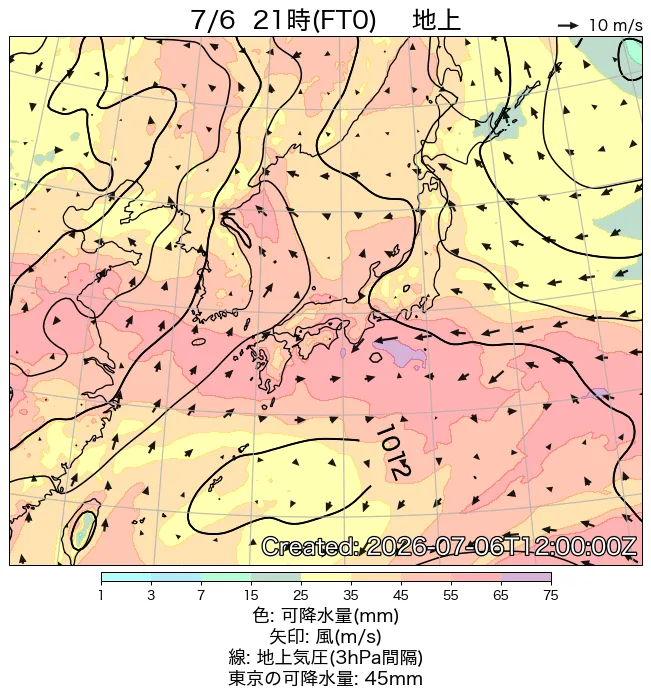 2026年7月6日の日本周辺の地上天気図（21時）