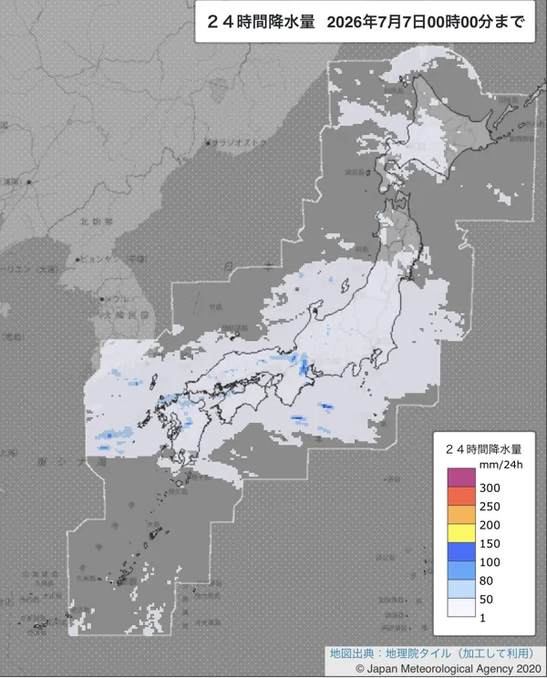 2026年7月6日の日本周辺の日解析雨量の図