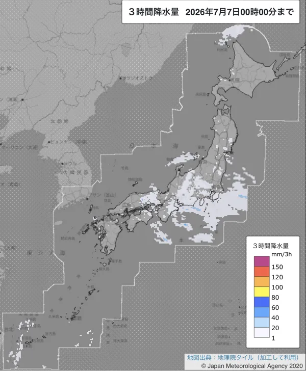 2026年7月6日21〜24時の日本周辺の3時間解析降水量