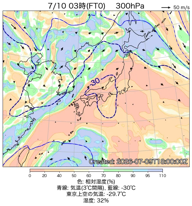 2026年7月10日の日本周辺の300hPa天気図（3時）