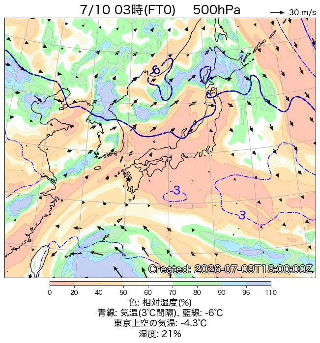 2026年7月10日の日本周辺の500hPa天気図（3時）