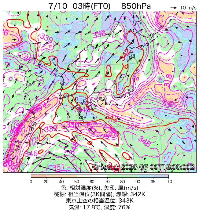 2026年7月10日の日本周辺の850hPa天気図（3時）