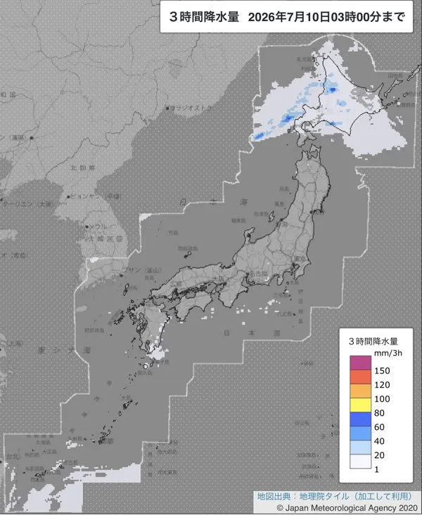 2026年7月10日0〜3時の日本周辺の3時間解析降水量