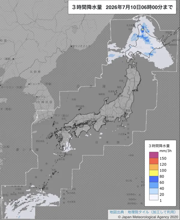 2026年7月10日3〜6時の日本周辺の3時間解析降水量