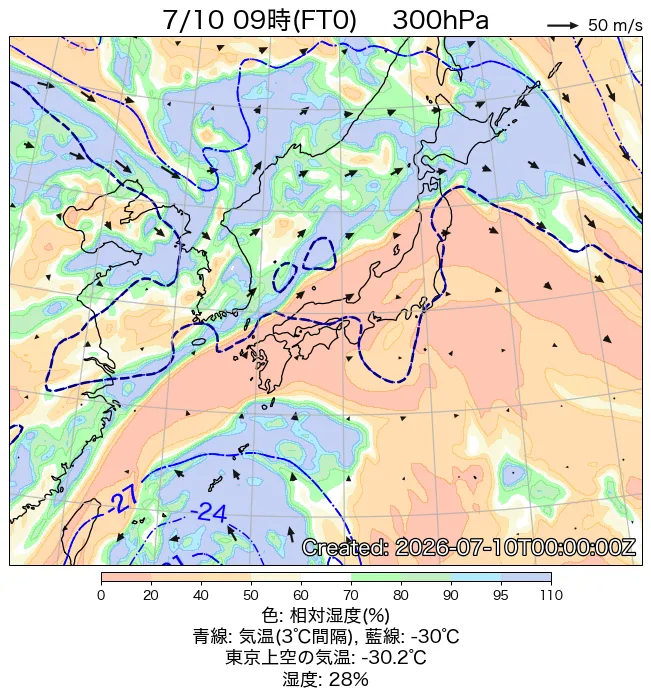 2026年7月10日の日本周辺の300hPa天気図（9時）