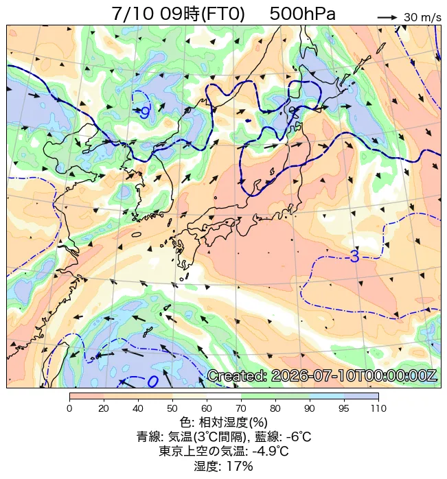 2026年7月10日の日本周辺の500hPa天気図（9時）