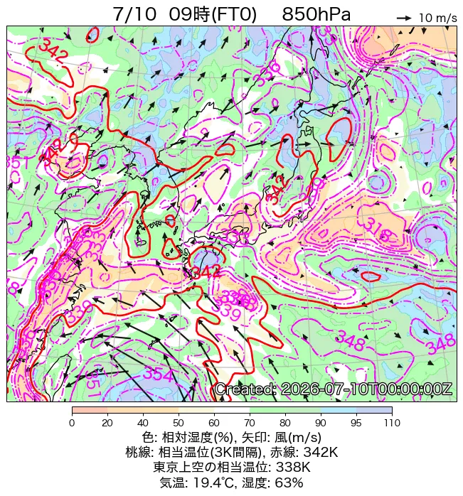 2026年7月10日の日本周辺の850hPa天気図（9時）