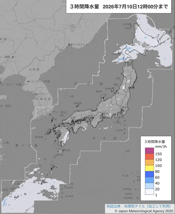 2026年7月10日9〜12時の日本周辺の3時間解析降水量