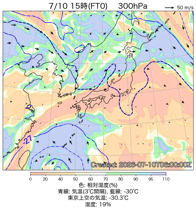 2026年7月10日の日本周辺の300hPa天気図（15時）