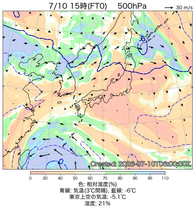 2026年7月10日の日本周辺の500hPa天気図（15時）