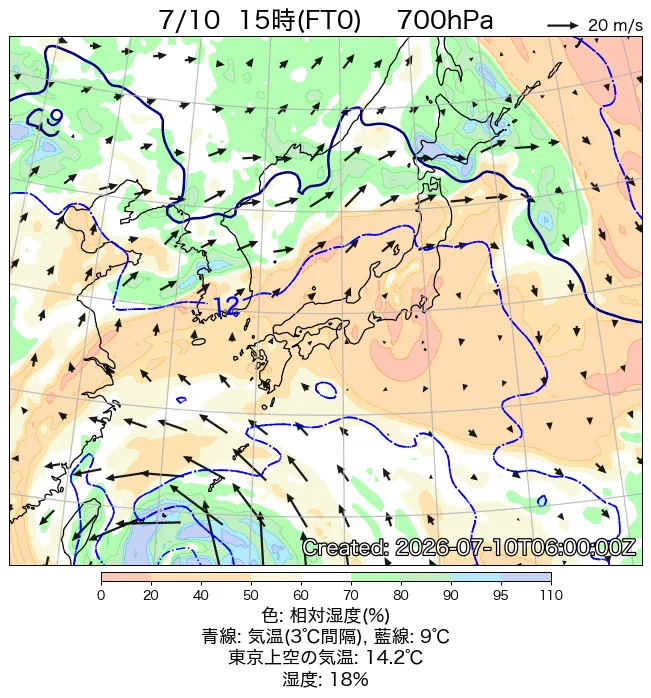 2026年7月10日の日本周辺の700hPa天気図（15時）