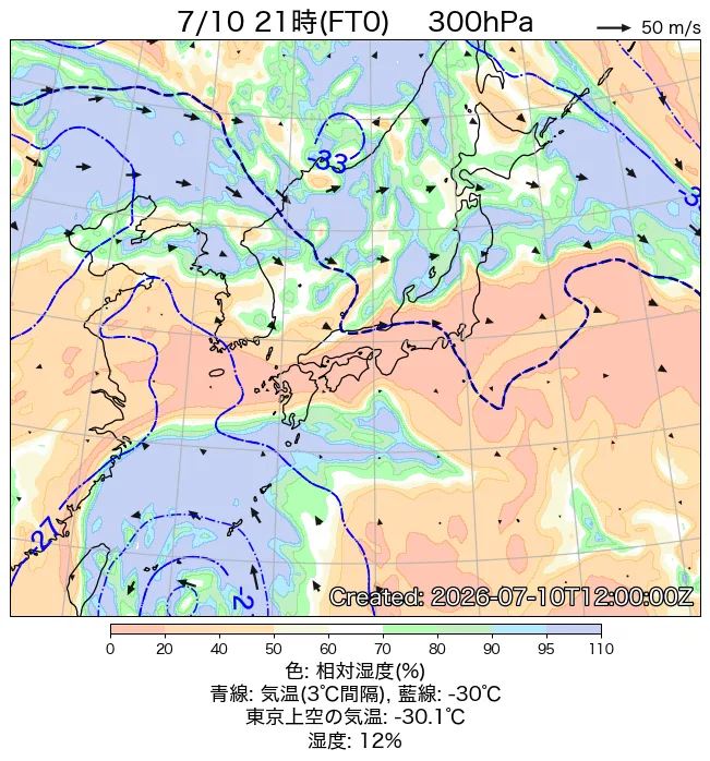 2026年7月10日の日本周辺の300hPa天気図（21時）