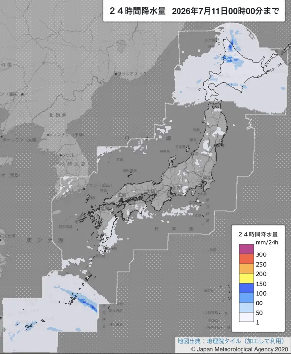 2026年7月10日の日本周辺の日解析雨量の図