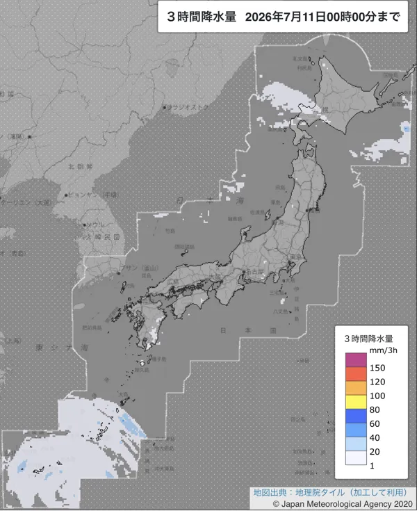 2026年7月10日21〜24時の日本周辺の3時間解析降水量