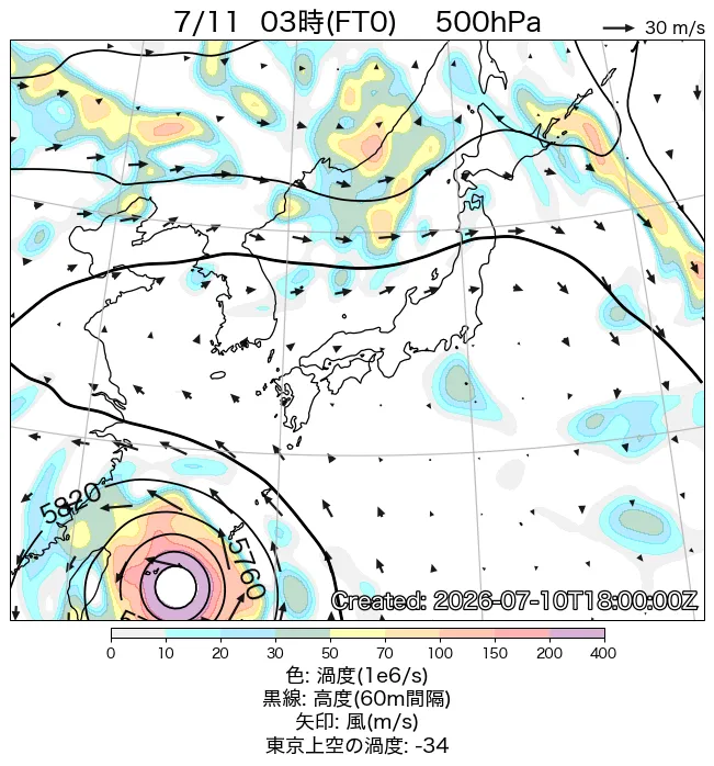 2026年7月11日の日本周辺の500hPa天気図（3時）