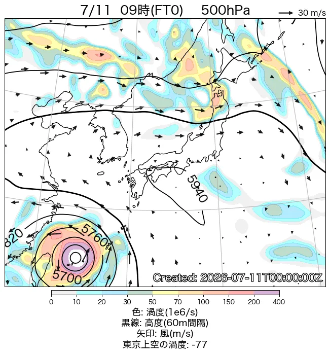 2026年7月11日の日本周辺の500hPa天気図（9時）