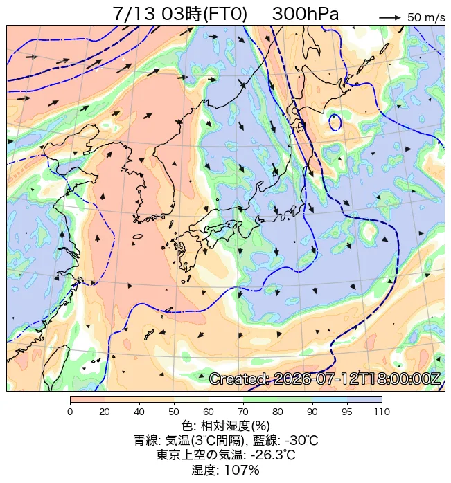 2026年7月13日の日本周辺の300hPa天気図（3時）