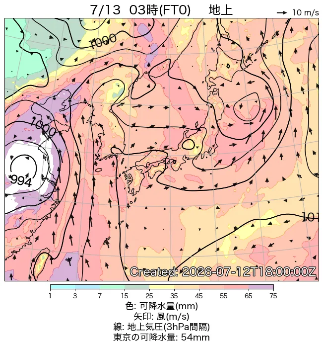 2026年7月13日の日本周辺の地上天気図（3時）