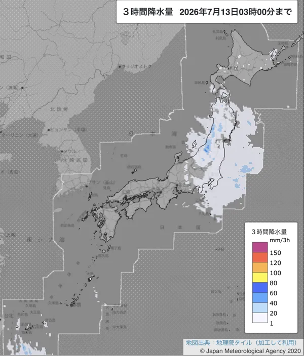 2026年7月13日0〜3時の日本周辺の3時間解析降水量