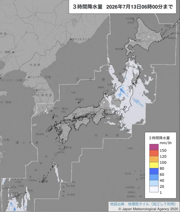 2026年7月13日3〜6時の日本周辺の3時間解析降水量