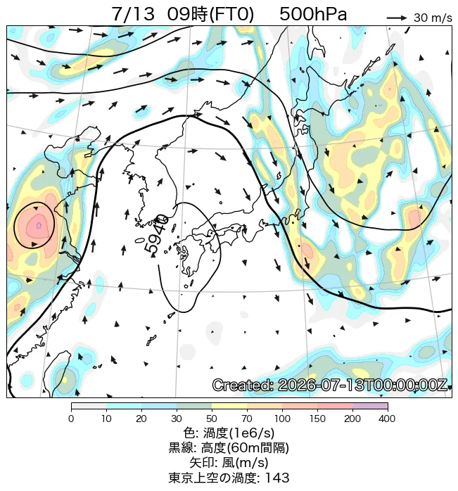 2026年7月13日の日本周辺の500hPa天気図（9時）