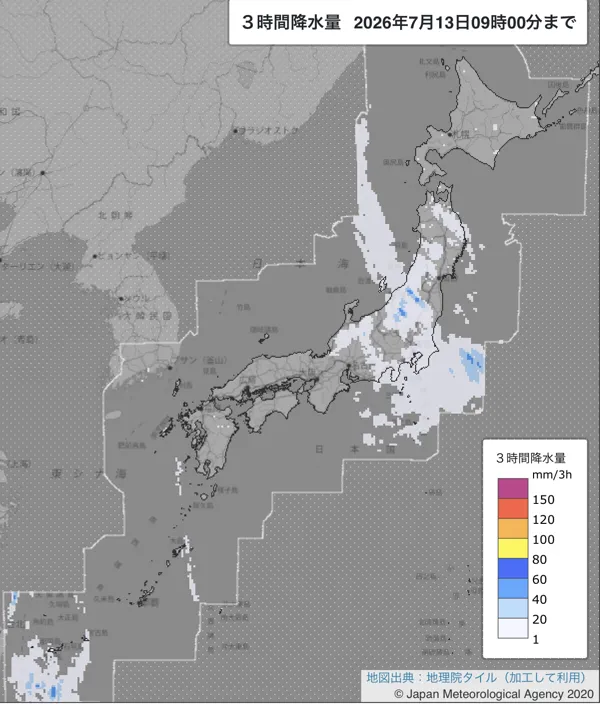 2026年7月13日6〜9時の日本周辺の3時間解析降水量