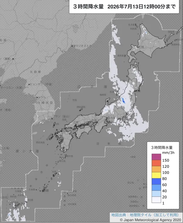2026年7月13日9〜12時の日本周辺の3時間解析降水量