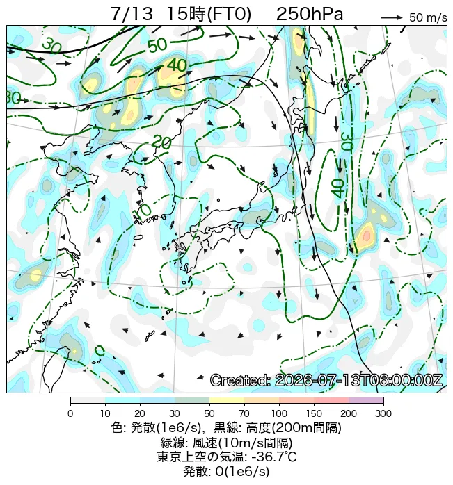 2026年7月13日の日本周辺の250hPa天気図（15時）