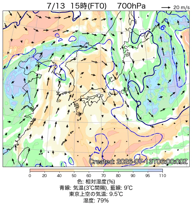 2026年7月13日の日本周辺の700hPa天気図（15時）