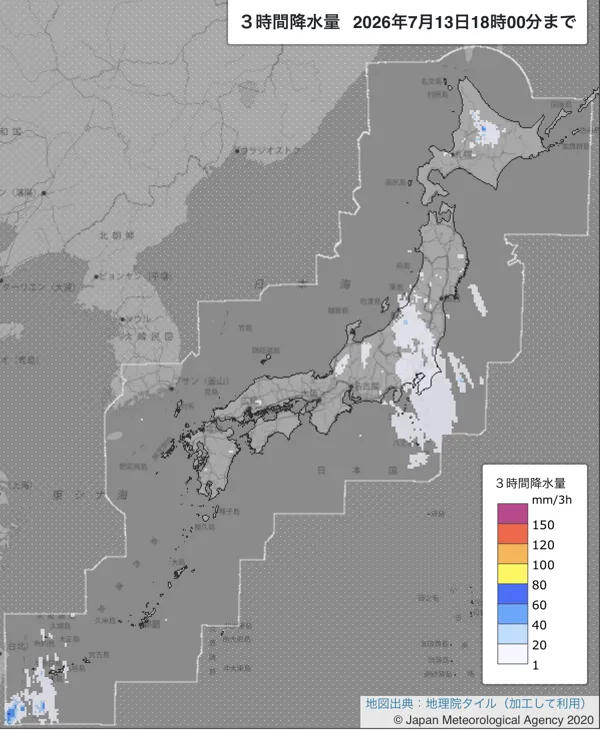 2026年7月13日15〜18時の日本周辺の3時間解析降水量