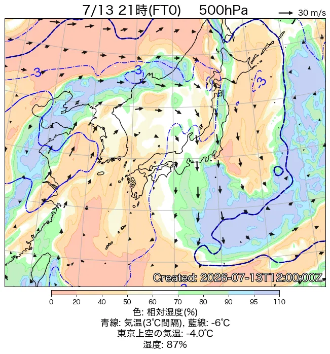 2026年7月13日の日本周辺の500hPa天気図（21時）