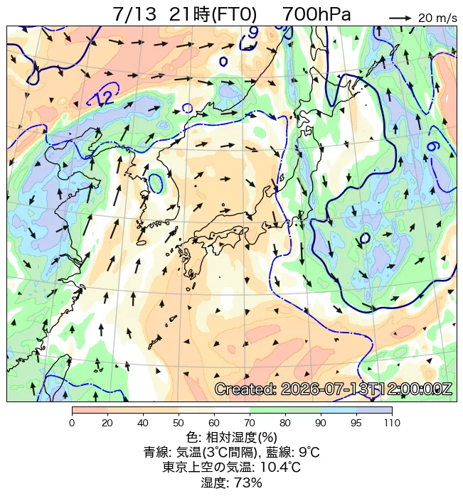 2026年7月13日の日本周辺の700hPa天気図（21時）