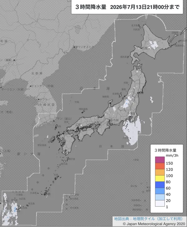 2026年7月13日18〜21時の日本周辺の3時間解析降水量