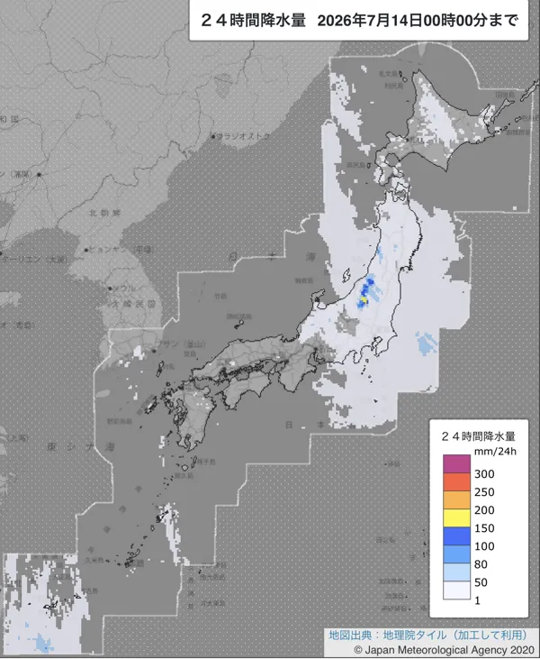 2026年7月13日の日本周辺の日解析雨量の図