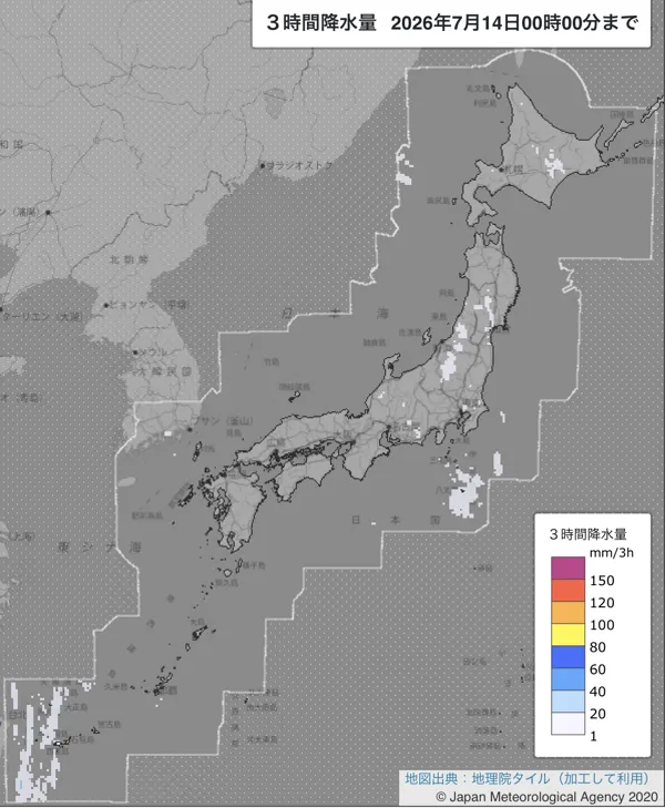 2026年7月13日21〜24時の日本周辺の3時間解析降水量