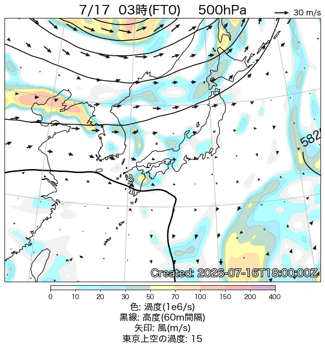 2026年7月17日の日本周辺の500hPa天気図（3時）