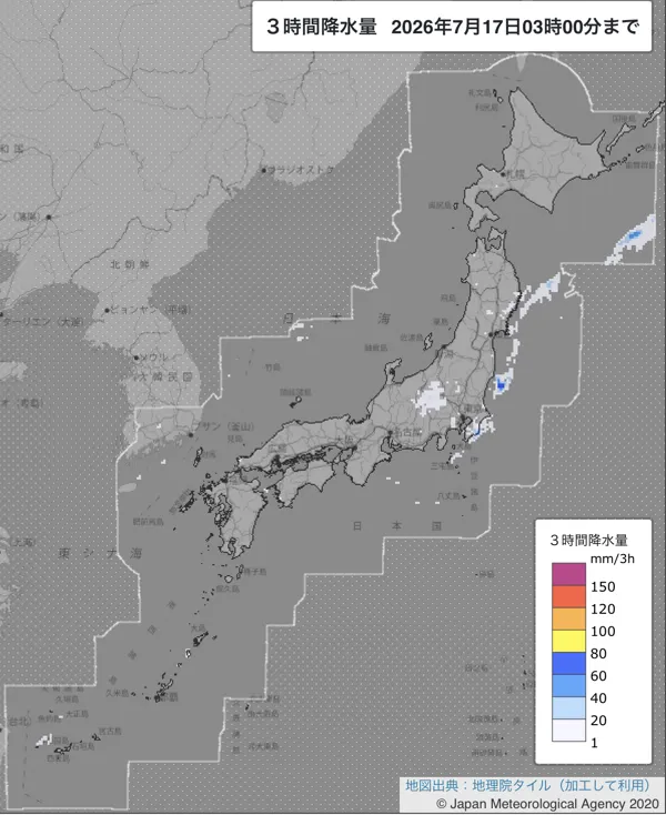 2026年7月17日0〜3時の日本周辺の3時間解析降水量