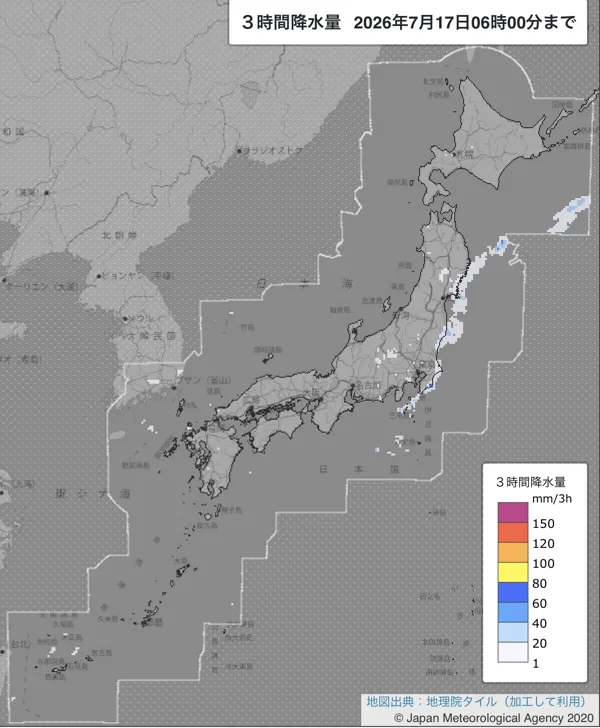 2026年7月17日3〜6時の日本周辺の3時間解析降水量
