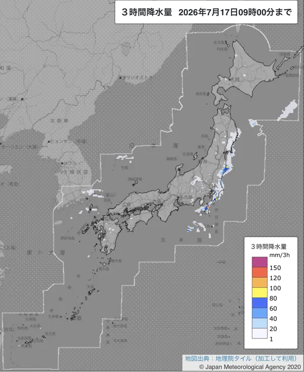 2026年7月17日6〜9時の日本周辺の3時間解析降水量
