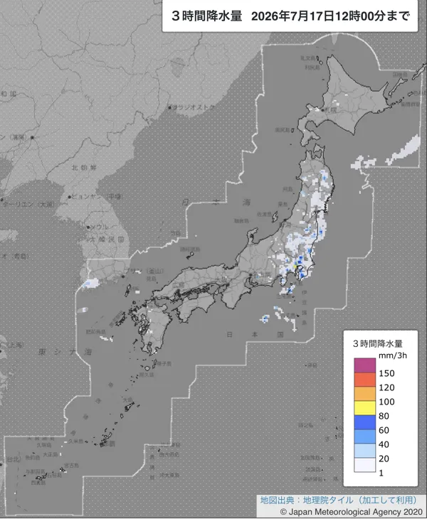 2026年7月17日9〜12時の日本周辺の3時間解析降水量