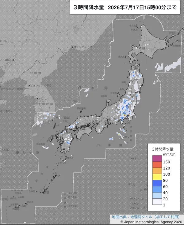 2026年7月17日12〜15時の日本周辺の3時間解析降水量